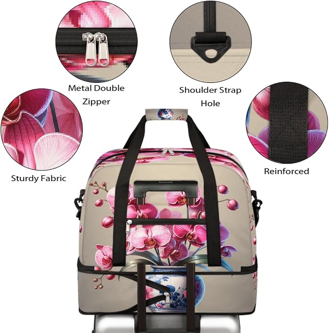 Pink Flowers Large Weekender Bag with Shoe Compartment Travel Duffel Bags for Women Carry On Hospital Overnight Bag Foldable Personal Item Travel Bags Tote Gym Sports Airplanes