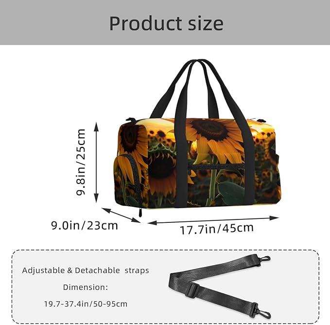 Farm Sunflower Print Gym Bag with Shoe Compartment for Women Men, 17.7in Sports Duffle Weekender Tote, Overnight Travel Duffel Bag Carry On