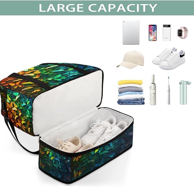 Rainbow Colorful Butterfly Large Weekender Bag with Shoe Compartment Travel Duffel Bags for Women Carry On Hospital Overnight Bag Foldable Personal Item Travel Bags Tote Gym Sports Airplanes