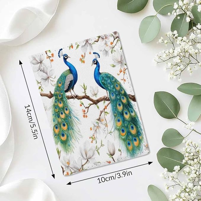 Peacock Passport Holder for Travel Blooming Flower Trees Magnolia PU Leather Passport Cover Wallet Cute Passport Card Holder for Women and Men
