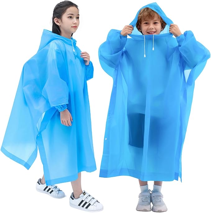 DZTSMART Reusable Waterproof Kids Rain Ponchos 2 Packs - 8-14Y, Hood & Sleeves, Park Essentials