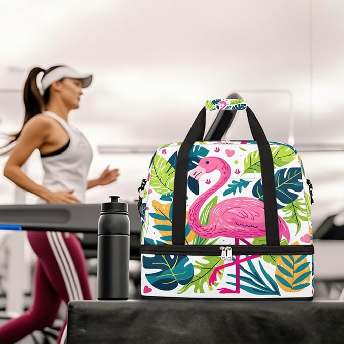 Pink Flamingo Tropical Leaves Large Weekender Bag with Shoe Compartment Travel Duffel Bags for Women Carry On Hospital Overnight Bag Foldable Personal Item Travel Bags Tote Gym Sports Airplanes