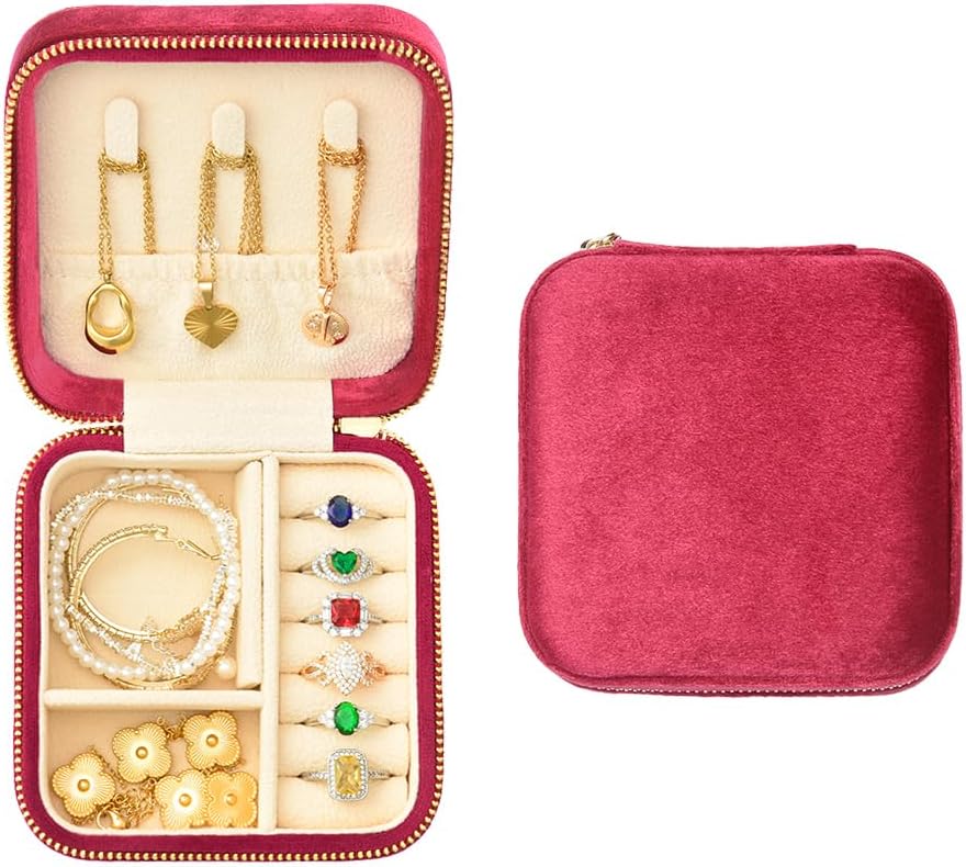 Travel Jewelry Case, Small Plush Velvet Jewelry Box for Women and Girls, Portable Jewelry holder organizer for Rings Earrings Necklaces Bracelets(Magenta)