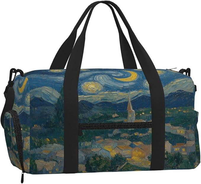 Sports Gym Bag Oil Painting Starry Art Travel Duffel Bag With Shoe Compartment Shoulder Strap, Lightweight Water-Resistant Weekend Overnight Totes For Women Men