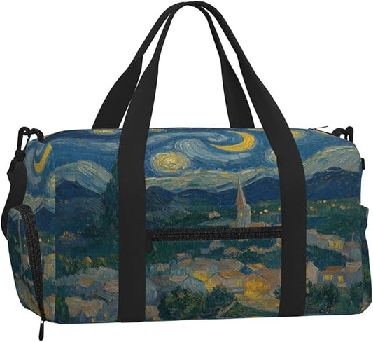 Sports Gym Bag Oil Painting Starry Art Travel Duffel Bag With Shoe Compartment Shoulder Strap, Lightweight Water-Resistant Weekend Overnight Totes For Women Men