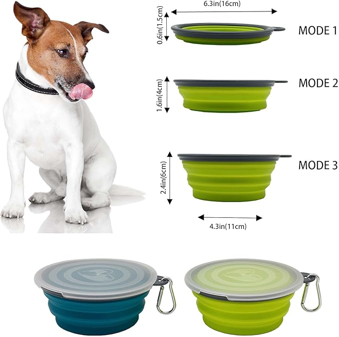 Medium Collapsible Dog Bowl 23oz,2 Pack Portable and Foldable Pet Travel Bowls with 2 Carabiners & Lids for Dogs Cats and Small Animals (Blue+Green+Grey, 650ml)