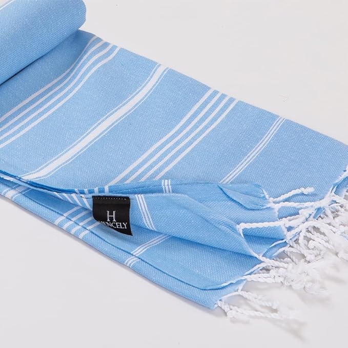 Hencely Turkish Beach Towel 37x68 Oversized, Sand-Free, Quick-Dry, Lightweight - Travel Essential for Pool & Bath - Striped 100% Cotton Bathroom Towels Accessories Gift (Light Blue)