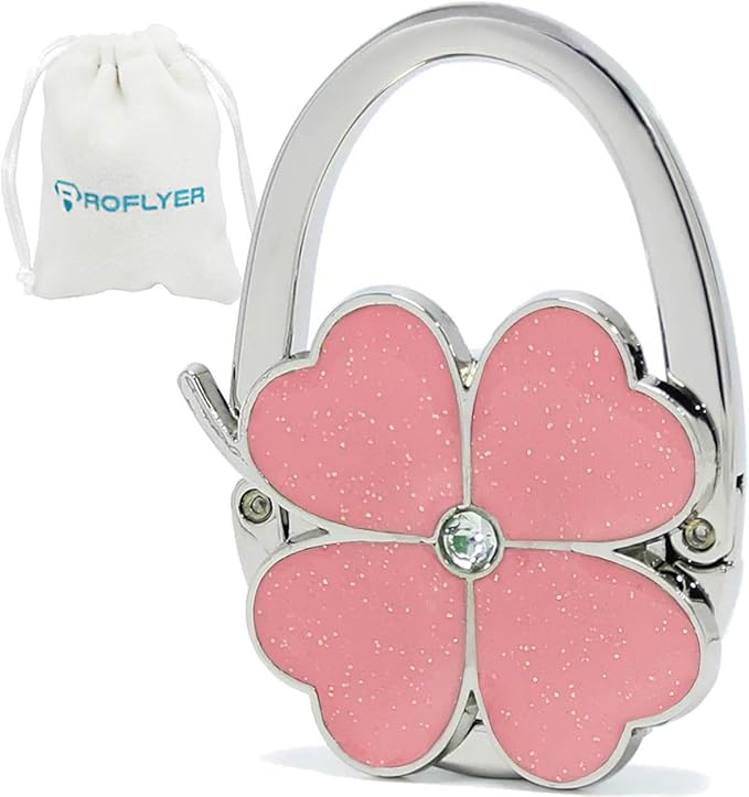 Four Leaf Clover Design Foldable Handbag Hanger Folding Purse Table Hook Holder (Pink)