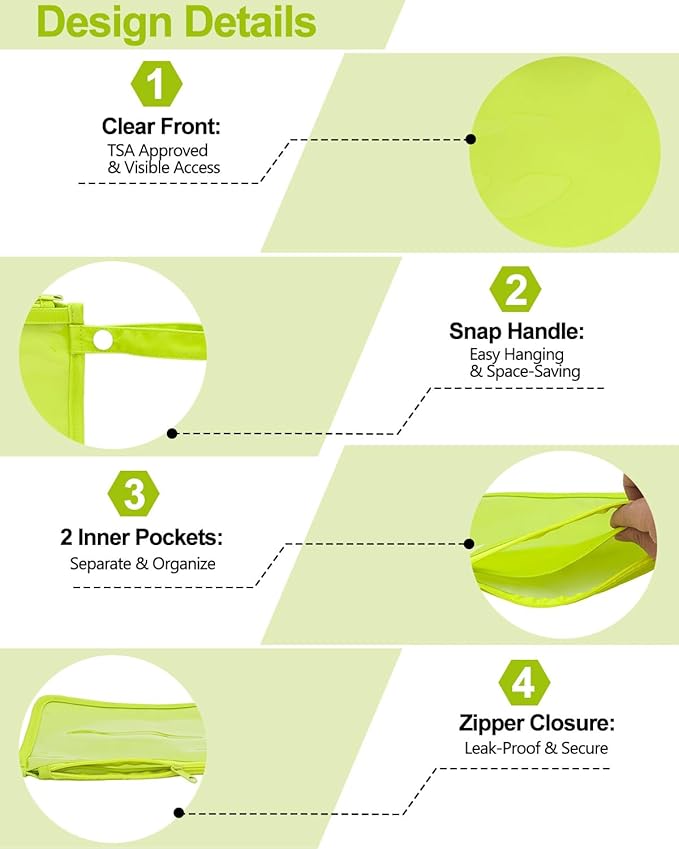 babygoal Clear Travel Organizer Bags 3 Pack, TSA Approved Mess-Proof Pouches with Snap Handle, Water-Resistant Toiletry Essentials for Baby & Mom (Fluorescent Green)