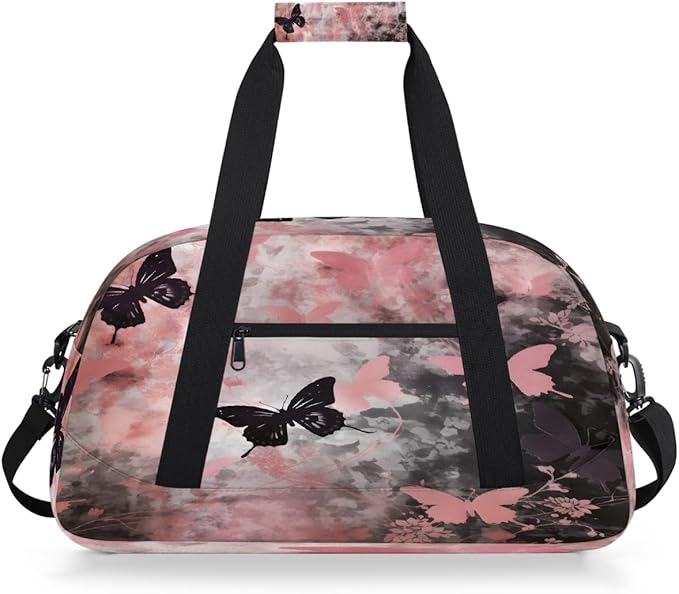Duffle Bag for Women Men, Pink And Black Butterfly Gym Bag for Travel Sports, Lightweight Waterproof Weekender Overnight Bags with Adjustable Strap