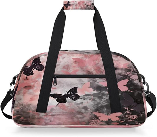 Duffle Bag for Women Men, Pink And Black Butterfly Gym Bag for Travel Sports, Lightweight Waterproof Weekender Overnight Bags with Adjustable Strap