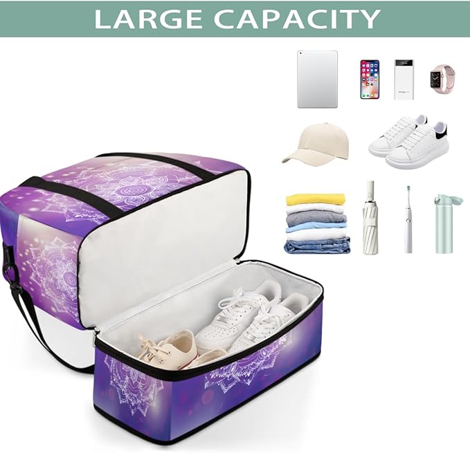 Purple Mandala Flower Abstract Large Weekender Bag with Shoe Compartment Travel Duffel Bags for Women Carry On Hospital Overnight Bag Foldable Personal Item Travel Bags Tote Gym Sports Airplanes