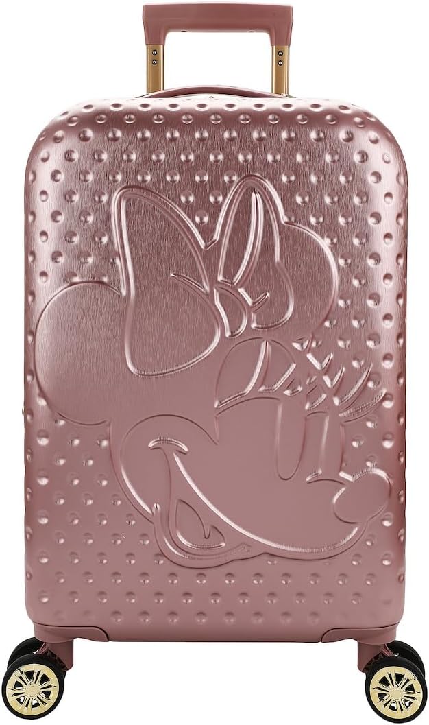 Disney Minnie Mouse 20 Inch Carry On Rolling Luggage, Rose Gold Hardshell Spinner Suitcase with 8 Wheels, Retractable Handle, Valet Straps & Zippered Packing Curtain, Expandable, Officially Licensed