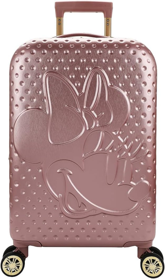 Disney Minnie Mouse 20 Inch Carry On Rolling Luggage, Rose Gold Hardshell Spinner Suitcase with 8 Wheels, Retractable Handle, Valet Straps & Zippered Packing Curtain, Expandable, Officially Licensed