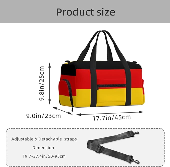 German flag Print Gym Bag with Shoe Compartment for Women Men, 17.7in Sports Duffle Weekender Tote, Overnight Travel Duffel Bag Carry On