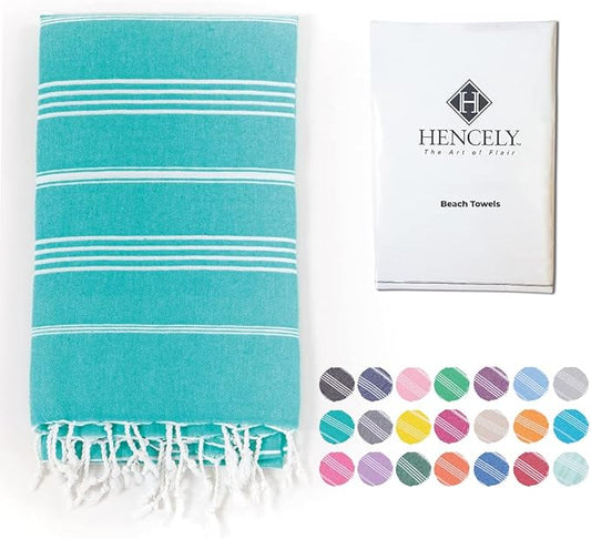 Hencely Turkish Beach Towel 37x68 Oversized, Sand-Free, Quick-Dry, Lightweight - Travel Essential for Pool & Bath - Striped 100% Cotton Bathroom Towels Accessories Gift (Mint Green)