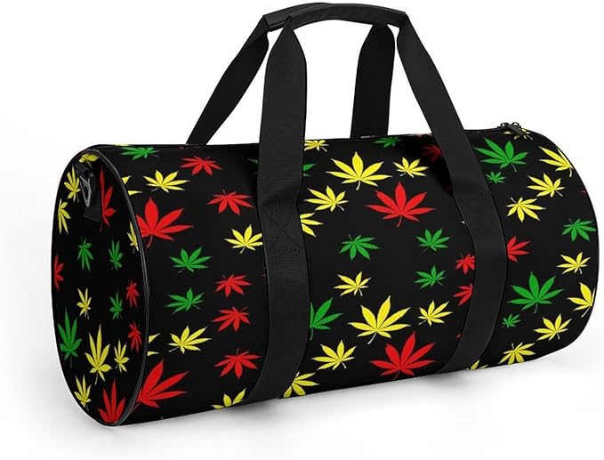 Foldable Gym Bag Rasta Flag Red Yellow Green Jamaican Weedleaf Leaves Black Lightweight Travel Sports Bag Carry On Weekender Overnight Bags Beach Yoga Bags