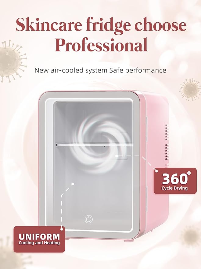 BOGDA Mini Skincare Fridge (4 Liter/6 Can) with Dimmable LED Light Mirror, Cooler and Warmer for Refrigerating Make Up, Skin Care and Food, Portable Mini Fridge for Bedroom, Office and Car, Pink