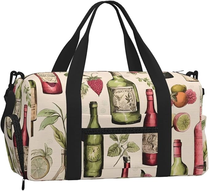 Sports Gym Bag Fruits Wine Bottle Pattern Travel Duffel Bag With Shoe Compartment Shoulder Strap, Lightweight Water-Resistant Weekend Overnight Totes For Women Men