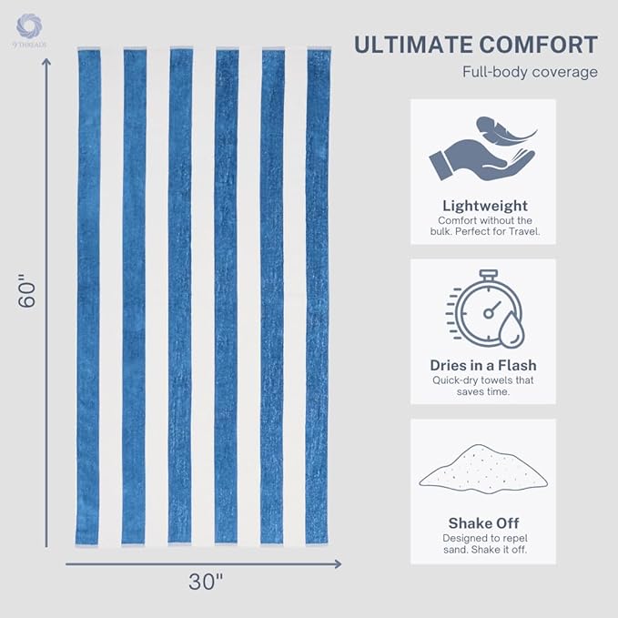Cotton Turkish Beach Towel with Towels Oversized 30"x60" Pool Absorbent Extra Large Quick Dry Sand Travel Towel (Cabana Fountain Blue, 4 Pack)