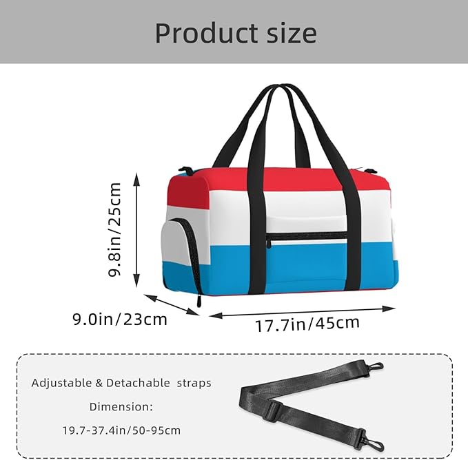 Luxembourg flag Print Gym Bag with Shoe Compartment for Women Men, 17.7in Sports Duffle Weekender Tote, Overnight Travel Duffel Bag Carry On