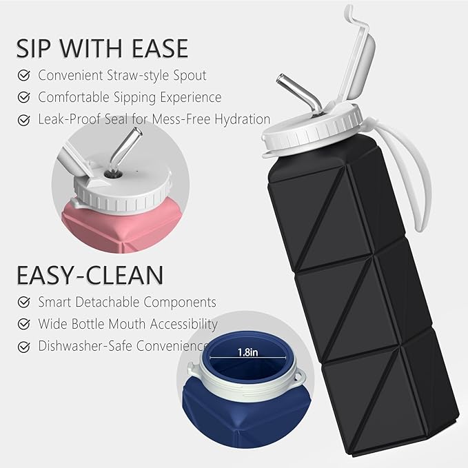 Collapsible Water Bottles with Straw 20.6oz, Silicone Foldable Portable Water Bottle, BPA-Free, Leakproof Reusable for Travel Camping Hiking Cycling Yoga Sports, 1 Pack (Black)
