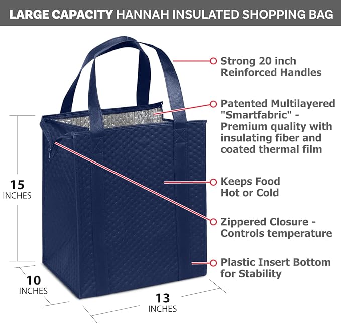 Mediz Hannah Direct Large Capacity Heavy Duty Insulated Smart Shopping Bag - Strong Reusable Grocery Tote 2 Pack