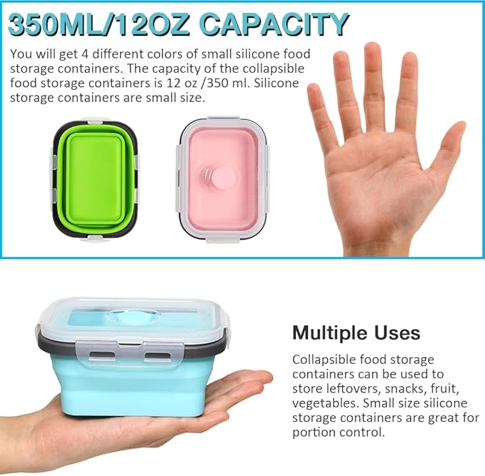 Small Collapsible Silicone Food Storage Container(12 Oz) 4 Pack, Silicone Storage Containers for Snack, Fruit, Stackable, Space Saving