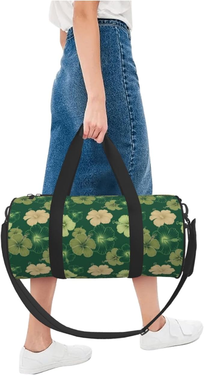 Round Duffel Sports Bag Hawaiian Floral Olive Green Camo, Lightweight with Inner Pocket Gym Bag for Men Women Duffle Bag for Travel Sports