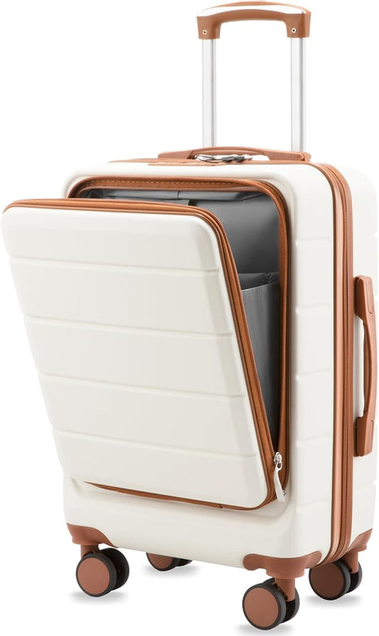 Carry On Luggage 22 x 14 x 9 Airline Approved, H1F Front Pocket Hardside Suitcase with Spinner Wheels, TSA Lock (FX-Lite, Beige, Carry on 20 Inch)
