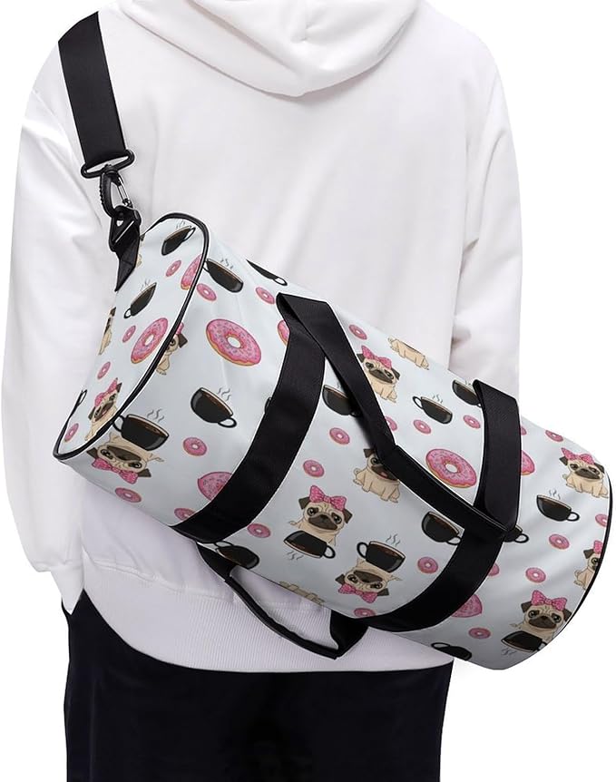 Weekender Carry on Beach Yoga Overnight Luggage Bag Gym Sports Travel Workout Bag Overnight Bags (Funny Dogs Pug Puppies Pattern Donut Coffee)