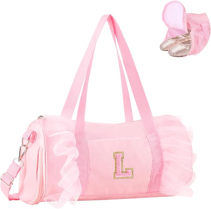 Personalized Initial Dance Bag for Girls 6-9, Medium Lace Gym Sport Yoga Cheer Dance Bags Gift for Teen Girls, Cute Letter Kids Ballet Bag Toddler Travel Duffel Tote with Adjustable Straps(Pink-L)