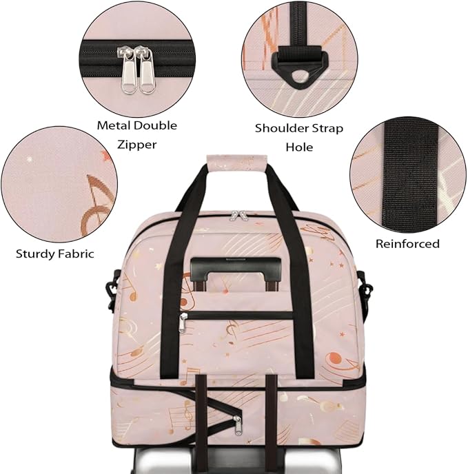 Pink Gold Musical Note Large Weekender Bag with Shoe Compartment Travel Duffel Bags for Women Carry On Hospital Overnight Bag Foldable Personal Item Travel Bags Tote Gym Sports Airplanes