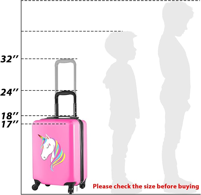 Sanwuta 4 Pcs Kids Luggage Set Rolling Suitcase Backpack U-shaped Pillow Kids Carry On Gift for Summer Travel Family Trip(17 Inch,Unicorn Style,Pink)
