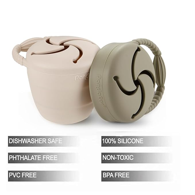 PandaEar Silicone Snack Containers, Collapsible Toddler Snack Cups Spill Proof Food Catcher for Toddler Baby, Pack of 2 (Light Tan/Walnut)