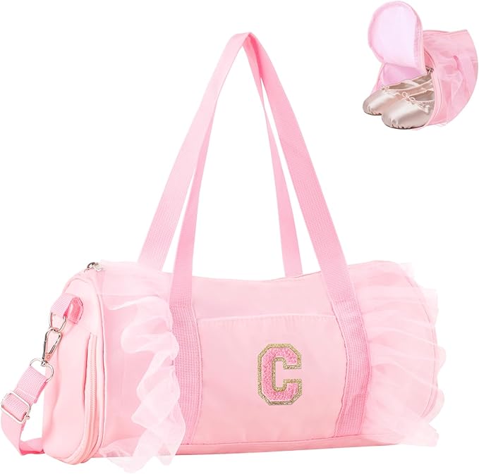 Personalized Initial Dance Bag for Girls 4-6, Small Lace Gym Sport Yoga Cheer Dance Bags Gift for Teen Girls, Cute Letter Kids Ballet Bag Toddler Travel Duffel Tote with Adjustable Straps(Pink-C)