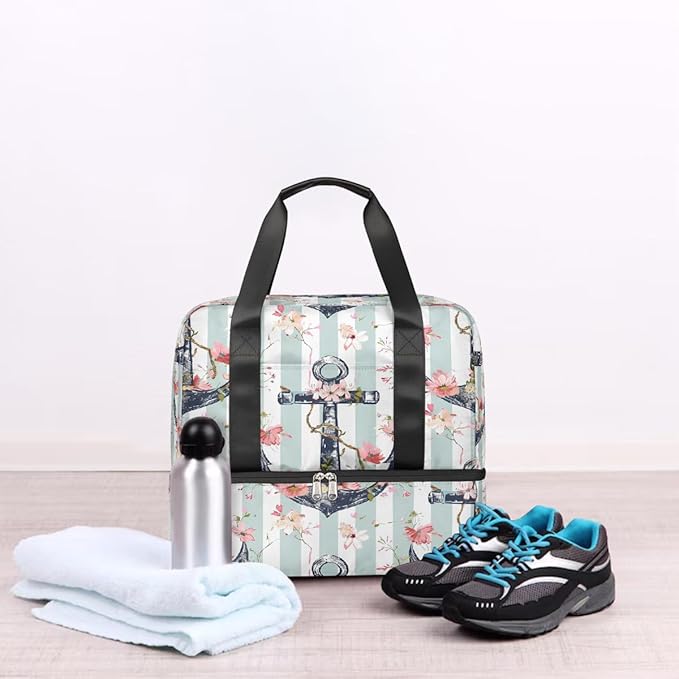 Vintage Anchor Flower Stripe Sports Tote Gym Bag for Women Men, Travel Duffel Bag with Shoe Compartment Large Capacity Workout Overnight Bag for Fitness Yoga Swimming Weekend