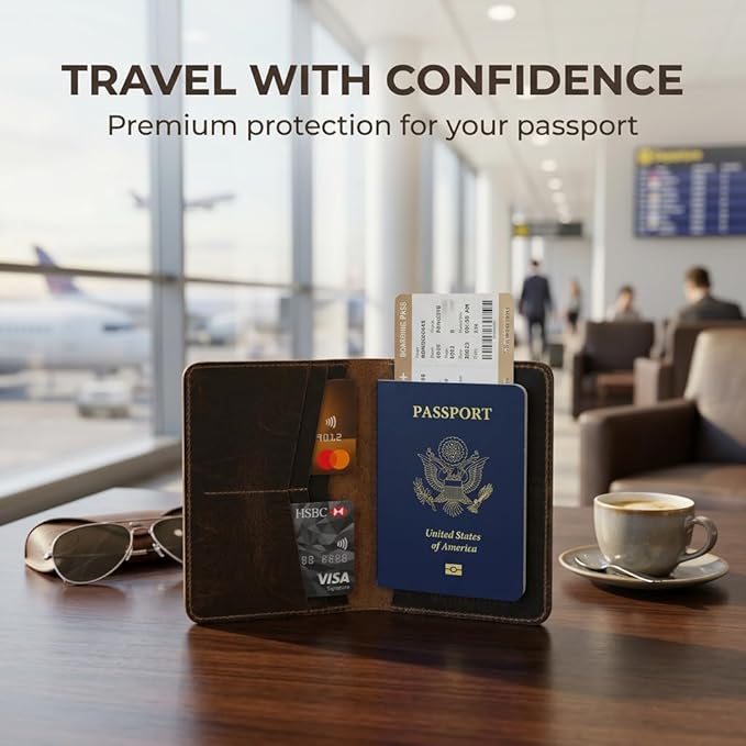 Rustique Leather Passport Holder Collection - Handmade Travel Wallet & Organizer - Full Grain Crazy Horse Leather Covers for Men & Women (Multiple Styles) (Standard Passport Cover - Smoky Bourbon)