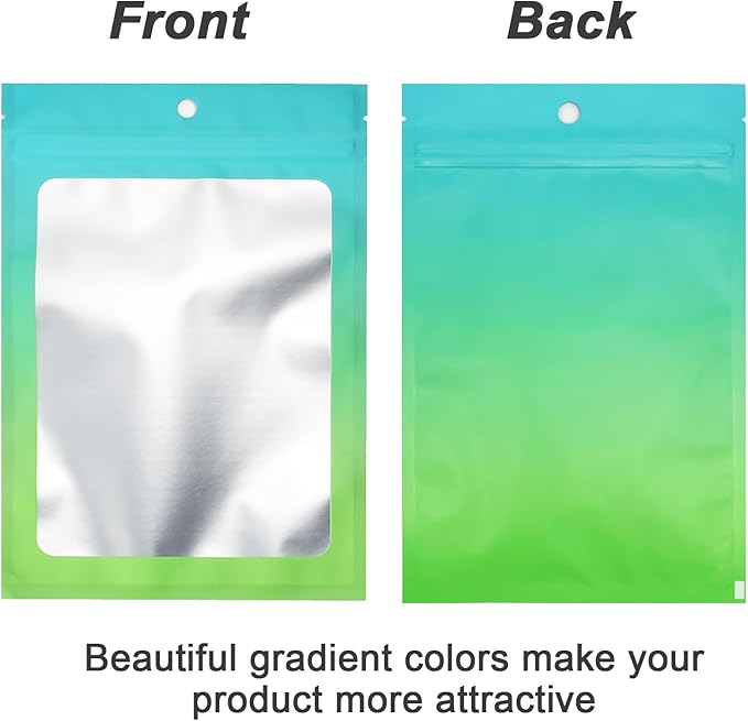 300 Pcs Gradient Mylar Bags, 3 Size Smell Proof Bags with Clear Window Foil Pouch Bags Resealable Bags for Small Business and Food Storage, Blue Green