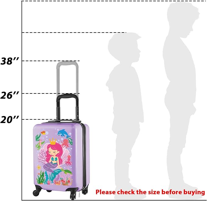 Sanwuta 4 Pcs Kids Luggage Set Rolling Suitcase Backpack U-shaped Pillow Kids Carry On Gift for Summer Travel Family Trip(20 Inch,Mermaid Style,Purple)