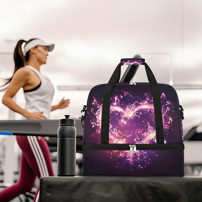 Pink Musical Note Heart Large Weekender Bag with Shoe Compartment Travel Duffel Bags for Women Carry On Hospital Overnight Bag Foldable Personal Item Travel Bags Tote Gym Sports Airplanes