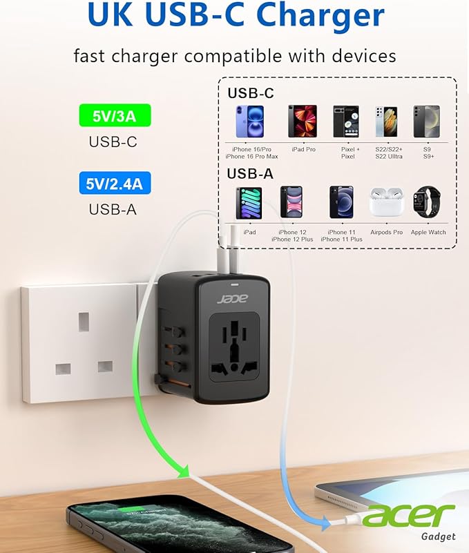 Acer 70W GaN Universal Travel Plug Adapter - International Power Adapter with 3 USB C & 1 USB A, Worldwide Power Outlet Travel Essentials for USA to European UK AUS Ireland, Type C/G/I/A, Black