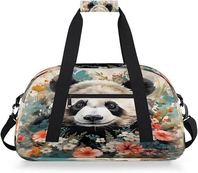 Gym Bag for Women Men, Panda Flower Art Travel Duffle Bags for Dance Ballet Overnight, Carry-On Weekender Bag with Detachable Shoulder Strap
