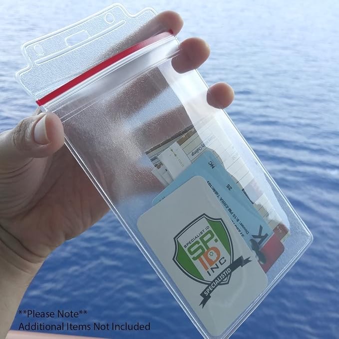 5 Pack - Extra Large Waterproof Badge Holder - 4 X 6 Inch Passport Size - Heavy Duty with Resealable Zip Top Closure - Clear Plastic 4x6 Vertical Holders by Specialist ID (Great for Cruise Essentials)