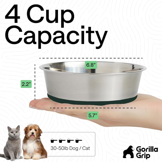 GORILLA GRIP Dog Bowls, Heavy Duty 304 Stainless Steel, Holds 4 Cups Each (32 fl oz) Food and Water Bowl for Feeding Dogs and Cats, Dishwasher Safe, Rust Resistant, BPA Free Rubber Base Set of 2 Green