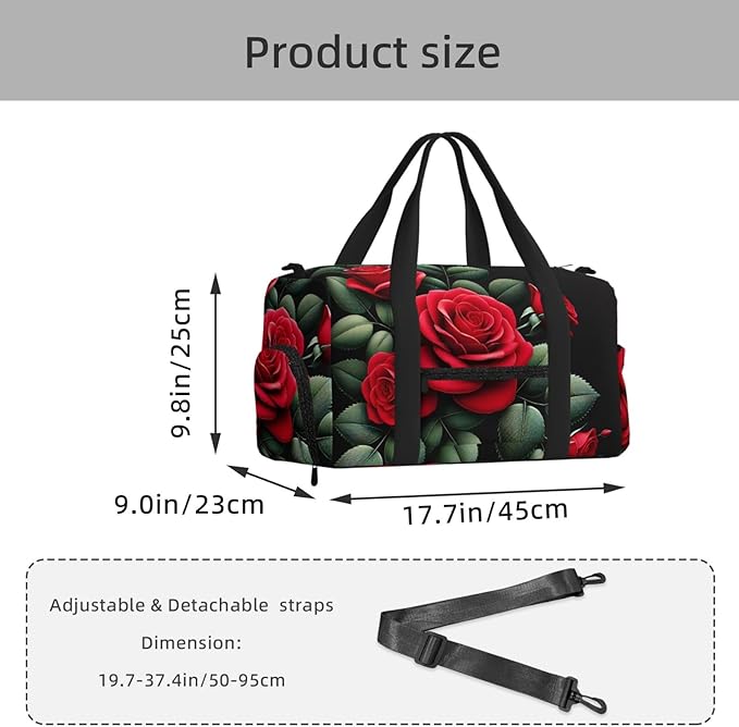 Vitality Rose Print Gym Bag with Shoe Compartment for Women Men, 17.7in Sports Duffle Weekender Tote, Overnight Travel Duffel Bag Carry On
