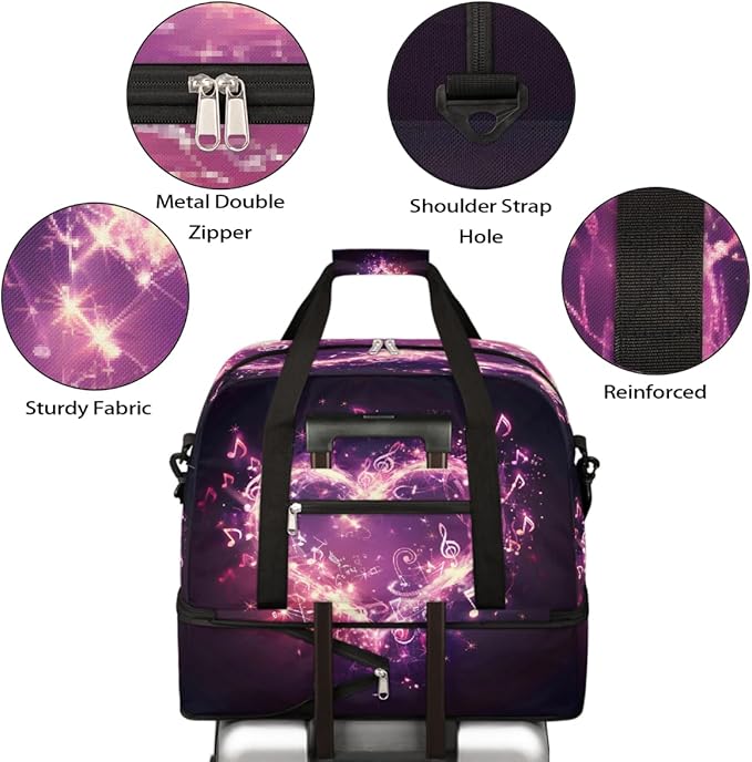 Pink Musical Note Heart Large Weekender Bag with Shoe Compartment Travel Duffel Bags for Women Carry On Hospital Overnight Bag Foldable Personal Item Travel Bags Tote Gym Sports Airplanes