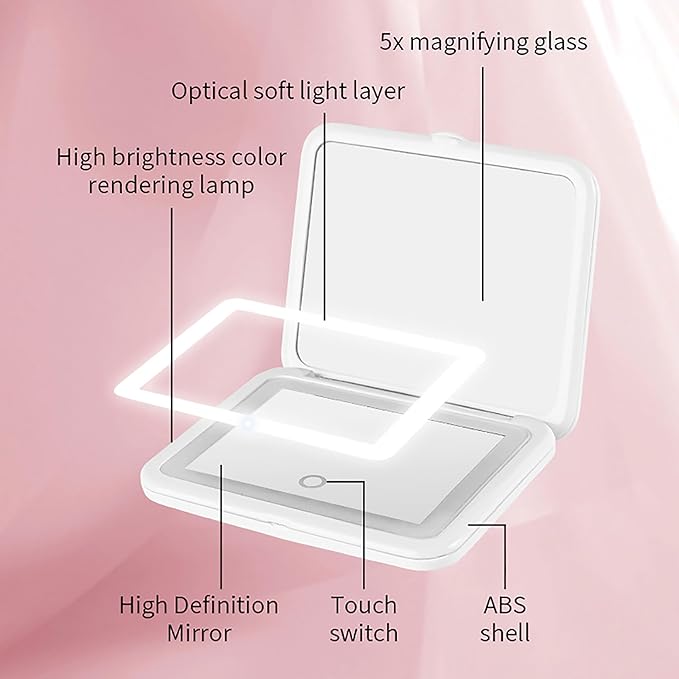 1X/5X Magnification LED Travel Makeup Mirror, Rechargeable Travel Mirror with Light, Portable Pocket-Sized Folding Design Ideal Gift for Travel & Daily Use