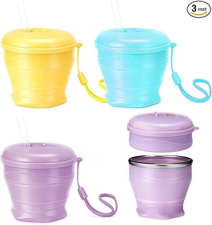 Patelai 3 Pack Silicone Collapsible Travel Cups with Straws 6oz Foldable Water Cup Bpa-free Folding Camping Mug Small Portable Drinking Cup with Lid for Travel Hiking Summer Outdoors