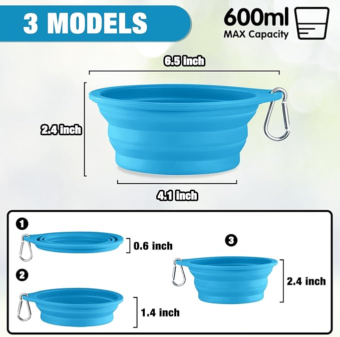 Rest-Eazzzy 2-Pack Silicone Collapsible Dog Bowls, BPA Free Dishwasher Safe, Portable Foldable Travel Bowl, Food Water Feeding Cup Dish for Dogs Cats with 2 Carabiners (Grey, Blue, 600 ML)